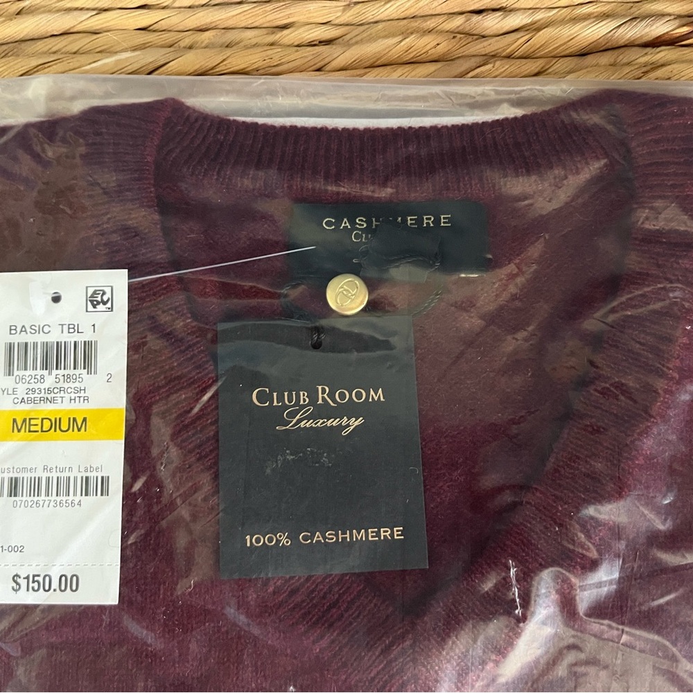 Club Room NWT Luxury 100% Cashmere Mens M V-Neck Cabernet Heather Sweater